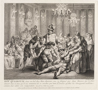 KG 12972
<br/>
Don Quichot valt in slaap tijdens een bal.
<br/>
<em>Ravenet, Simon François I (1706-1774)</em>